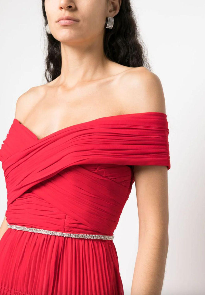 Red Chiffon Off Shoulder Midi Dress-Self Portrait-Tucci Boutique
