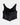 A black satin crop top with a draped cowl neckline, wide shoulder straps, and a scalloped lace hem, shown against a plain white background.