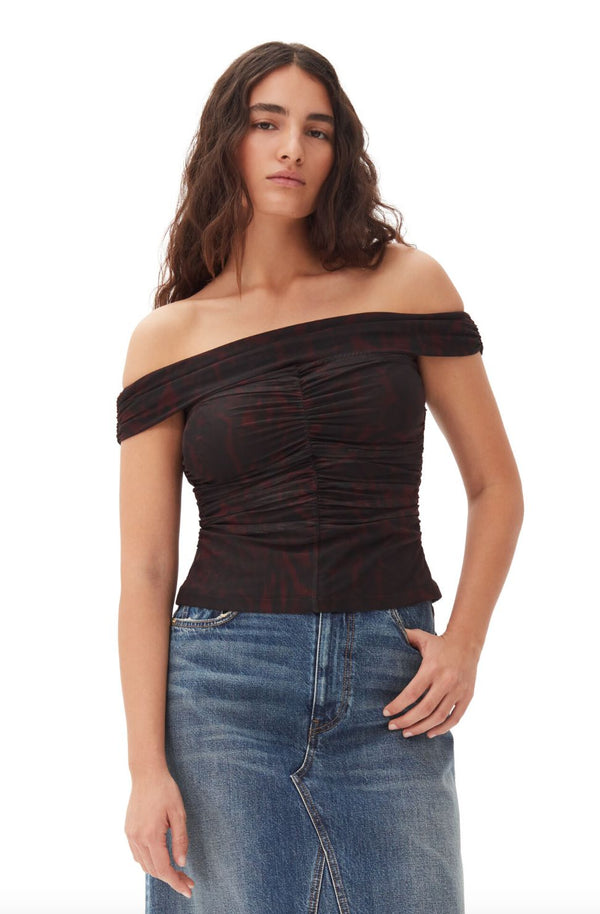 Printed Mesh Ruched Top-GANNI-Tucci Boutique