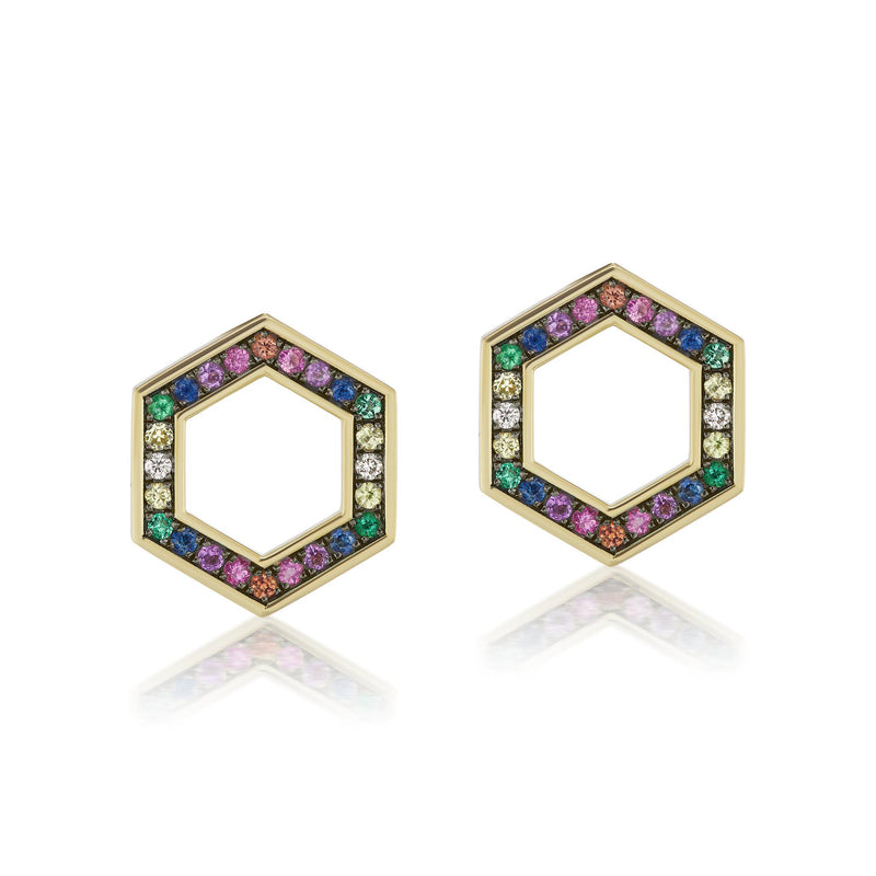 Rainbow Sapphire Hexagon Stud Earrings-Harwell Godfrey-Tucci Boutique